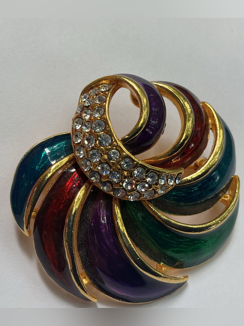 Vintage Sphinx Gold Tone Multi-color Enamel Spiral Brooch